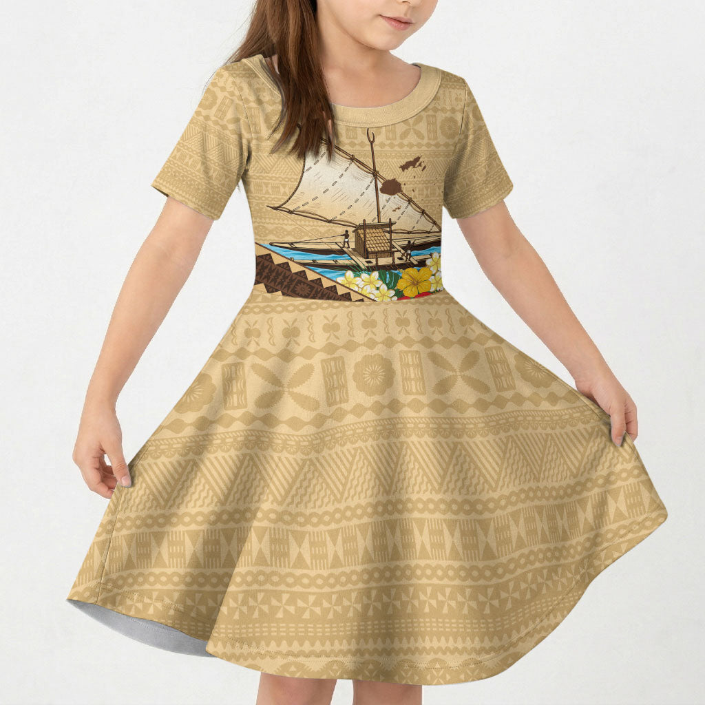 Personalised Bula Vinaka Fiji Drua Kid Short Sleeve Dress Fijian Traditional Canoe Tapa Cloth Beige LT14 KID Beige - Polynesian Pride
