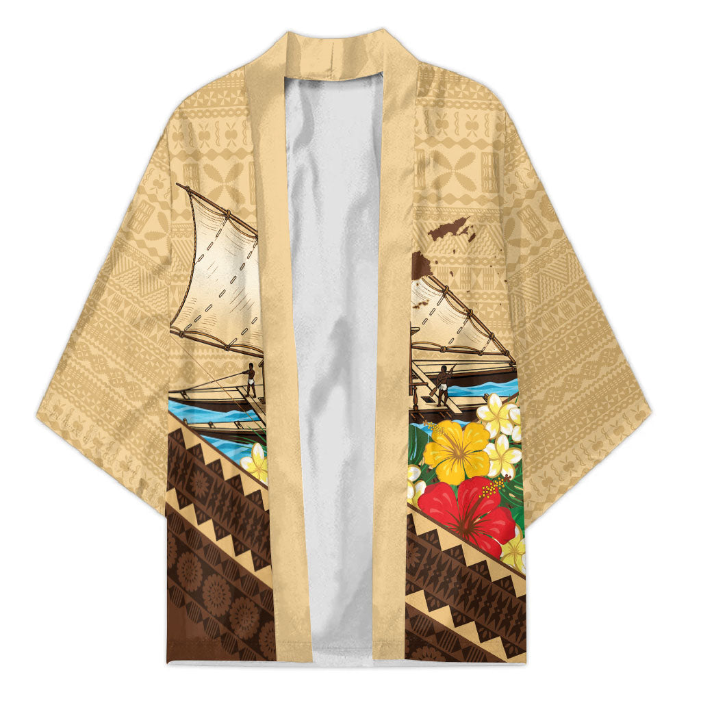 Personalised Bula Vinaka Fiji Drua Kimono Fijian Traditional Canoe Tapa Cloth Beige LT14 Unisex Beige - Polynesian Pride