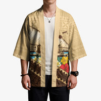 Personalised Bula Vinaka Fiji Drua Kimono Fijian Traditional Canoe Tapa Cloth Beige LT14 - Polynesian Pride
