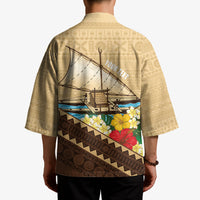 Personalised Bula Vinaka Fiji Drua Kimono Fijian Traditional Canoe Tapa Cloth Beige LT14 - Polynesian Pride