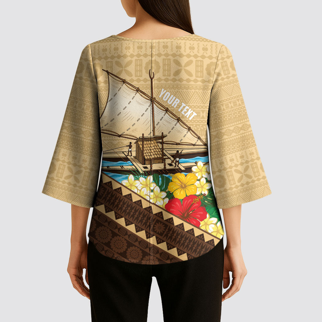 Personalised Bula Vinaka Fiji Drua Kimono Sleeve Blouse Fijian Traditional Canoe Tapa Cloth Beige LT14 - Polynesian Pride