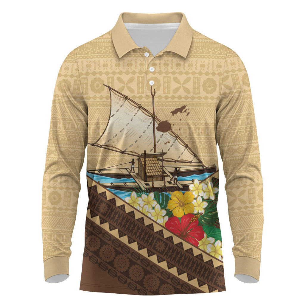 Personalised Bula Vinaka Fiji Drua Long Sleeve Polo Shirt Fijian Traditional Canoe Tapa Cloth Beige LT14 Beige - Polynesian Pride