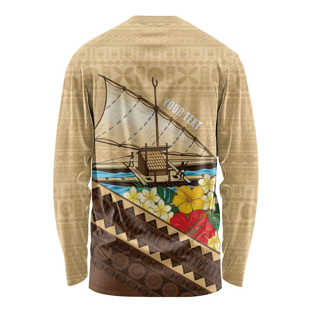Personalised Bula Vinaka Fiji Drua Long Sleeve Shirt Fijian Traditional Canoe Tapa Cloth Beige LT14 - Polynesian Pride