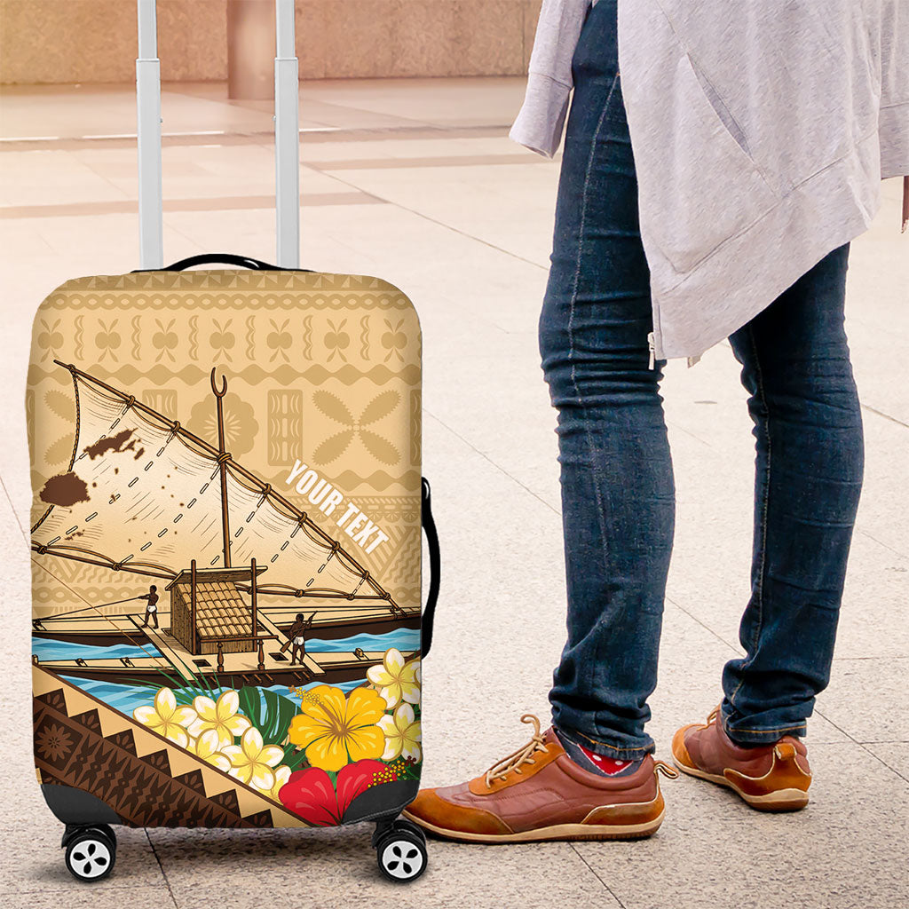 Personalised Bula Vinaka Fiji Drua Luggage Cover Fijian Traditional Canoe Tapa Cloth Beige LT14 Beige - Polynesian Pride