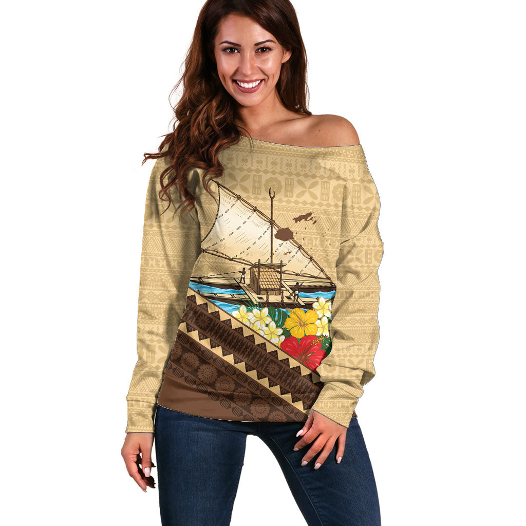 Personalised Bula Vinaka Fiji Drua Off Shoulder Sweater Fijian Traditional Canoe Tapa Cloth Beige LT14 Women Beige - Polynesian Pride
