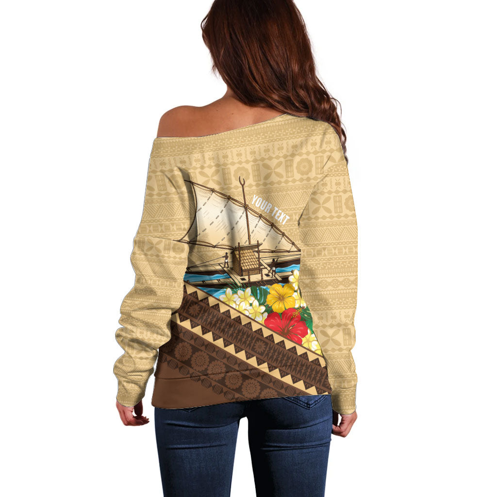 Personalised Bula Vinaka Fiji Drua Off Shoulder Sweater Fijian Traditional Canoe Tapa Cloth Beige LT14 - Polynesian Pride