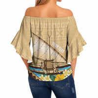 Personalised Bula Vinaka Fiji Drua Off Shoulder Wrap Waist Top Fijian Traditional Canoe Tapa Cloth Beige LT14 - Polynesian Pride