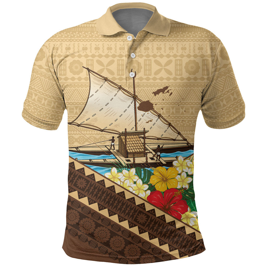 Personalised Bula Vinaka Fiji Drua Polo Shirt Fijian Traditional Canoe Tapa Cloth Beige LT14 Beige - Polynesian Pride