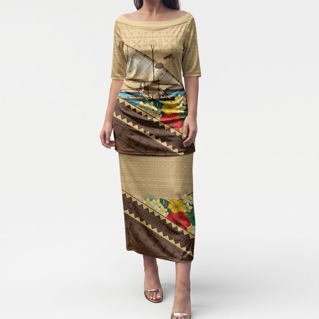 Personalised Bula Vinaka Fiji Drua Puletasi Fijian Traditional Canoe Tapa Cloth Beige LT14 Long Dress Beige - Polynesian Pride