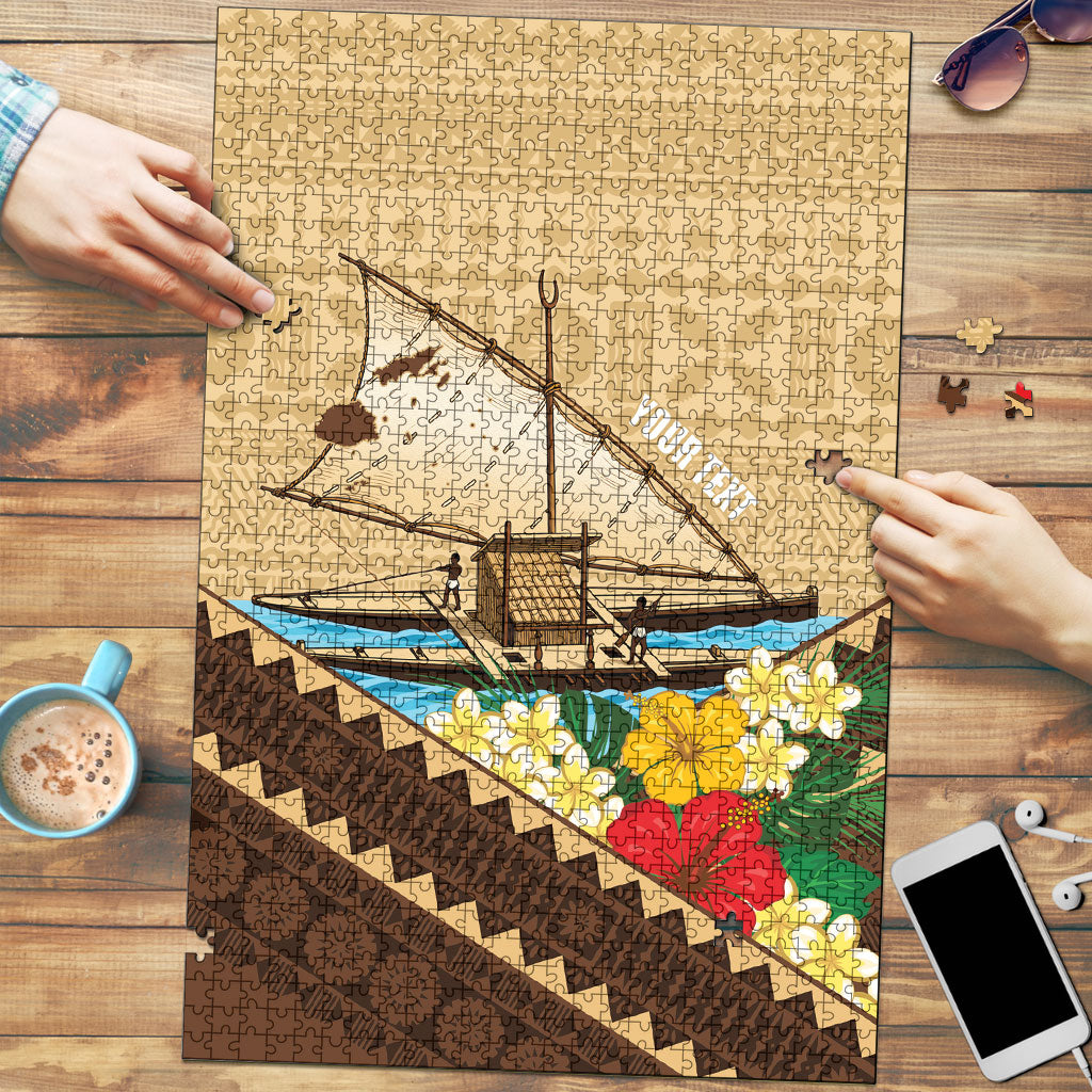 Personalised Bula Vinaka Fiji Drua Puzzle Fijian Traditional Canoe Tapa Cloth Beige LT14 Beige - Polynesian Pride