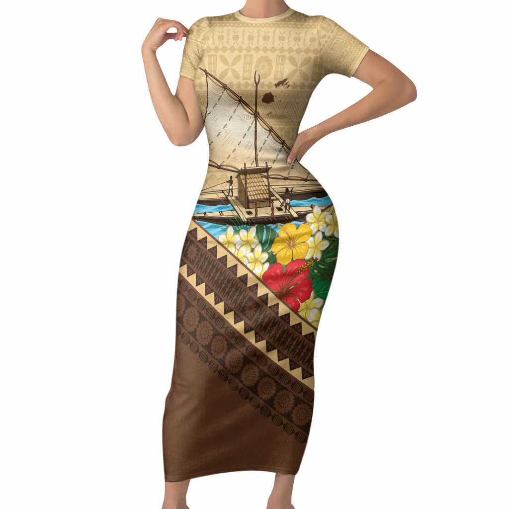 Personalised Bula Vinaka Fiji Drua Short Sleeve Bodycon Dress Fijian Traditional Canoe Tapa Cloth Beige LT14 Long Dress Beige - Polynesian Pride