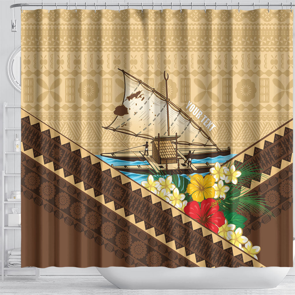 Personalised Bula Vinaka Fiji Drua Shower Curtain Fijian Traditional Canoe Tapa Cloth Beige LT14 - Polynesian Pride