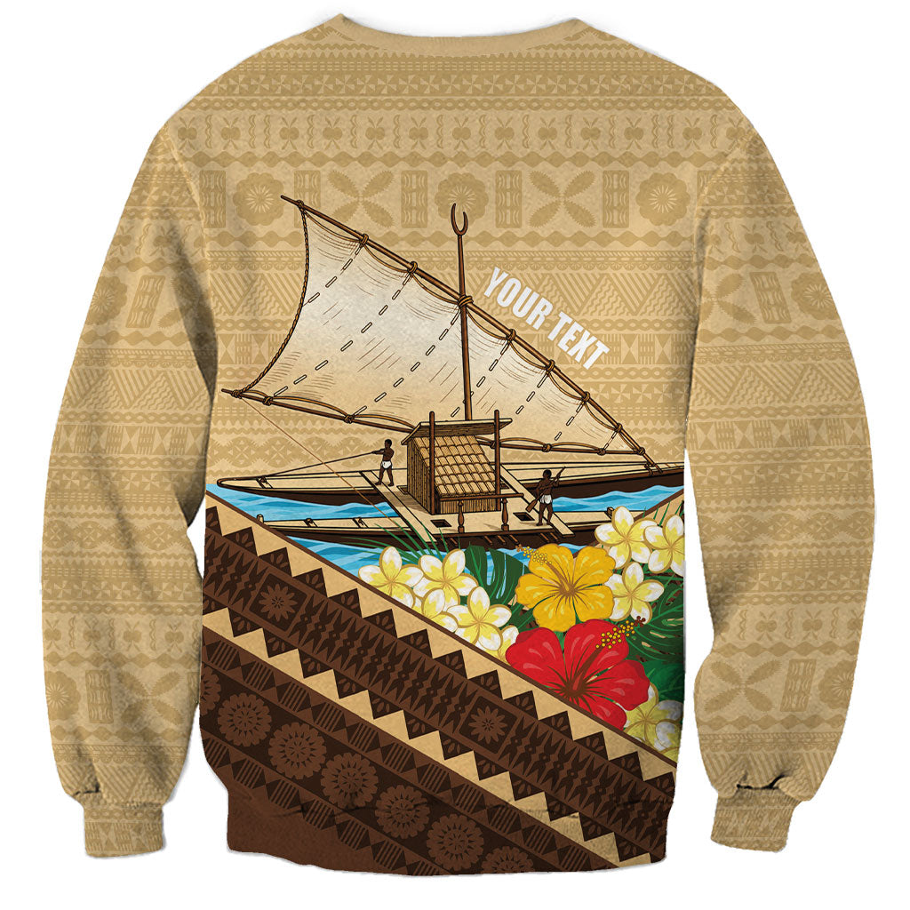 Personalised Bula Vinaka Fiji Drua Sweatshirt Fijian Traditional Canoe Tapa Cloth Beige LT14 - Polynesian Pride
