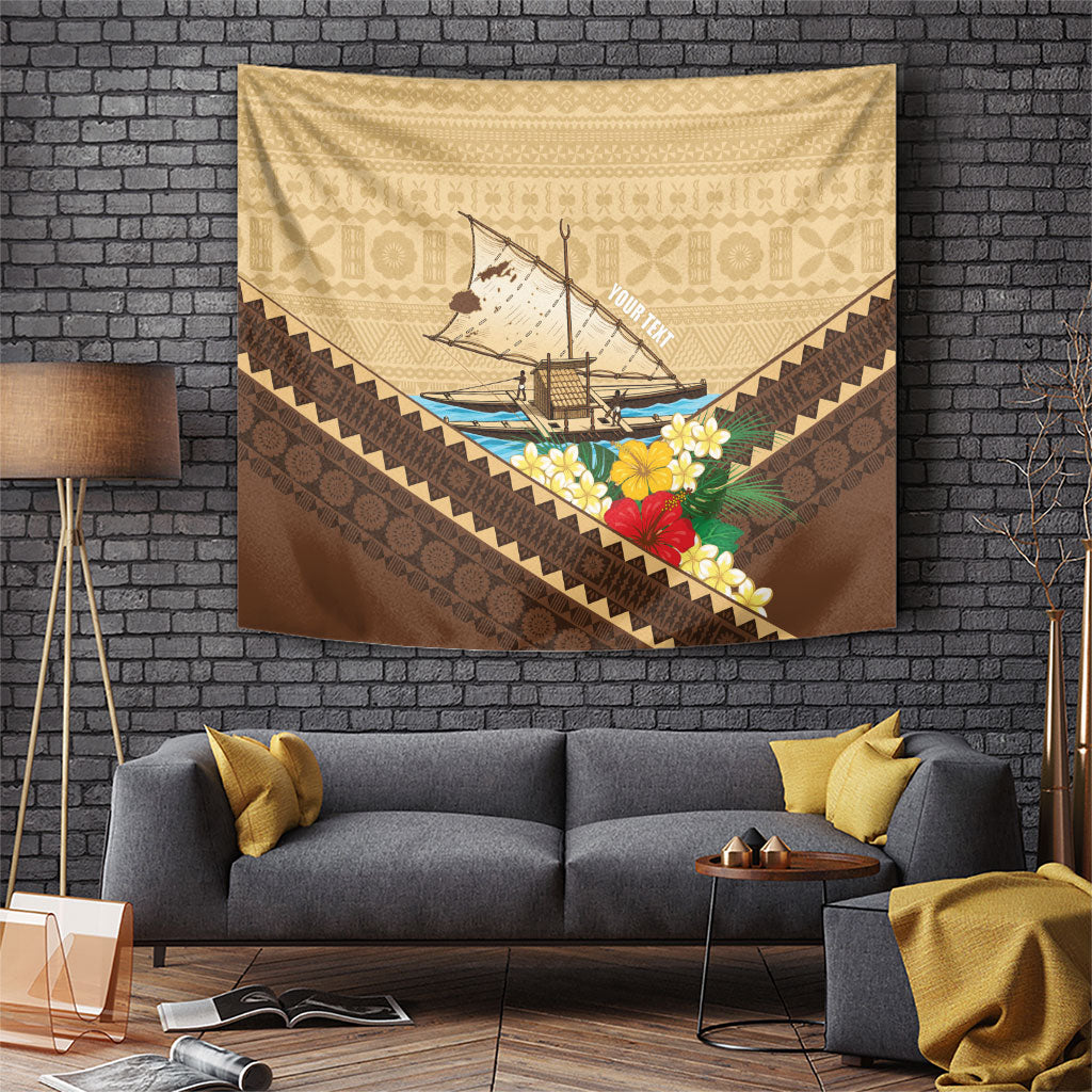 Personalised Bula Vinaka Fiji Drua Tapestry Fijian Traditional Canoe Tapa Cloth Beige LT14 Beige - Polynesian Pride