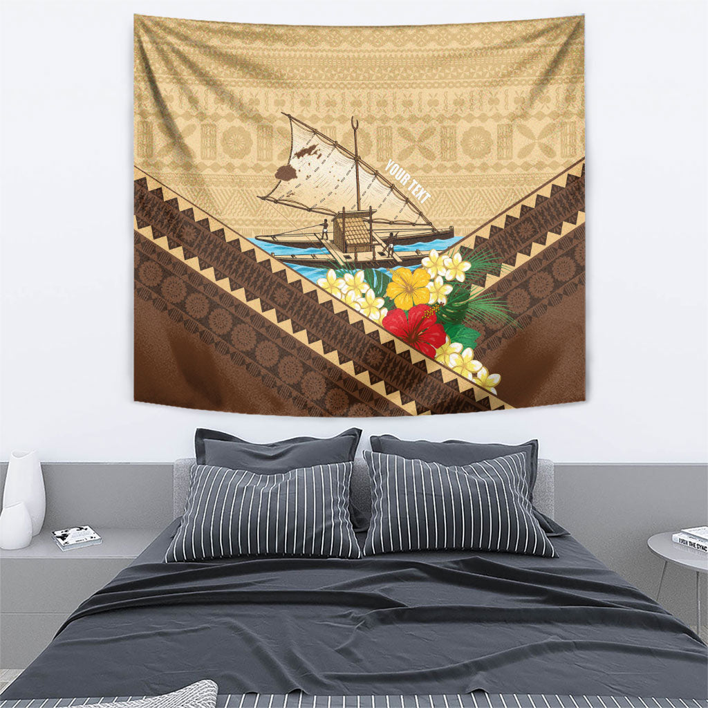 Personalised Bula Vinaka Fiji Drua Tapestry Fijian Traditional Canoe Tapa Cloth Beige LT14 - Polynesian Pride