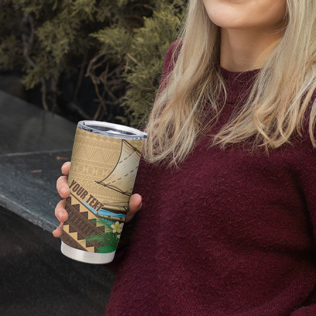 Personalised Bula Vinaka Fiji Drua Tumbler Cup Fijian Traditional Canoe Tapa Cloth Beige LT14 - Polynesian Pride