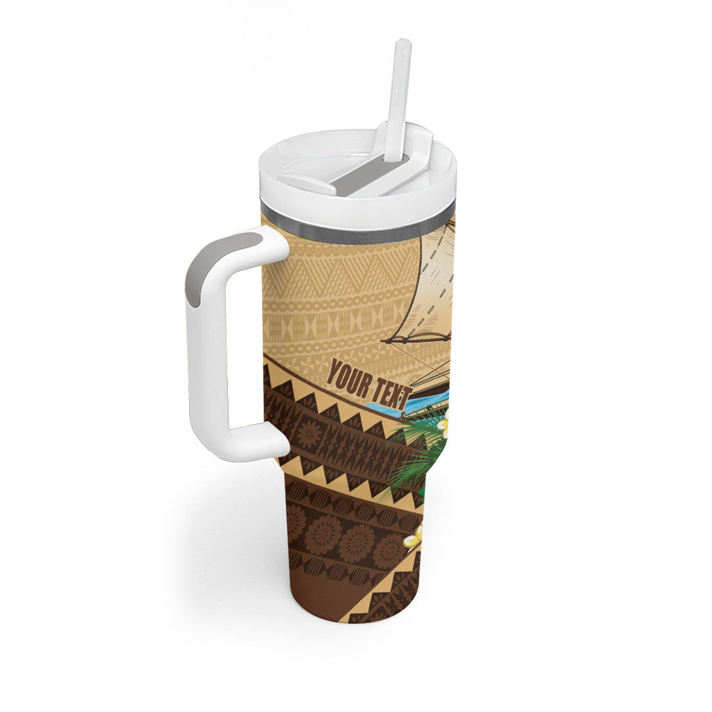 Personalised Bula Vinaka Fiji Drua Tumbler With Handle Fijian Traditional Canoe Tapa Cloth Beige LT14 - Polynesian Pride