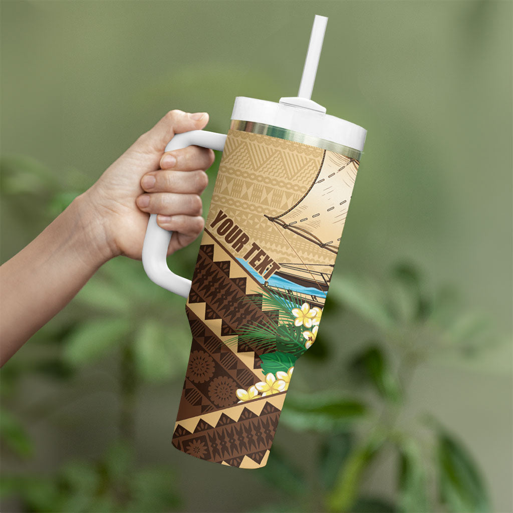 Personalised Bula Vinaka Fiji Drua Tumbler With Handle Fijian Traditional Canoe Tapa Cloth Beige LT14 - Polynesian Pride