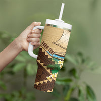 Personalised Bula Vinaka Fiji Drua Tumbler With Handle Fijian Traditional Canoe Tapa Cloth Beige LT14 - Polynesian Pride
