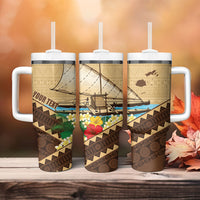 Personalised Bula Vinaka Fiji Drua Tumbler With Handle Fijian Traditional Canoe Tapa Cloth Beige LT14 - Polynesian Pride