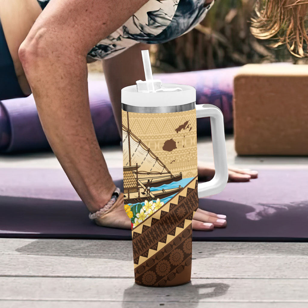 Personalised Bula Vinaka Fiji Drua Tumbler With Handle Fijian Traditional Canoe Tapa Cloth Beige LT14 - Polynesian Pride