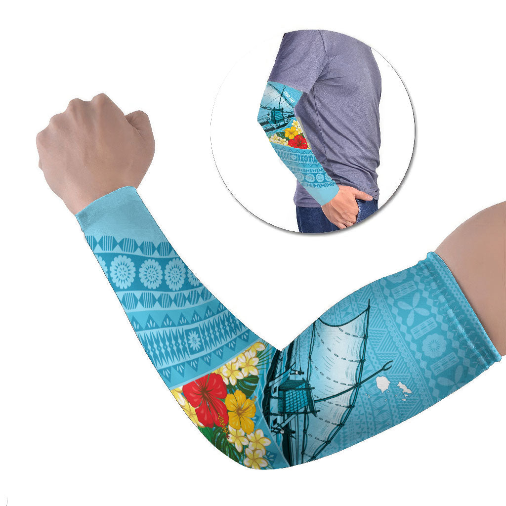 Personalised Bula Vinaka Fiji Drua Arm Sleeves Fijian Traditional Canoe Tapa Cloth Blue LT14 Set of 2 Blue - Polynesian Pride