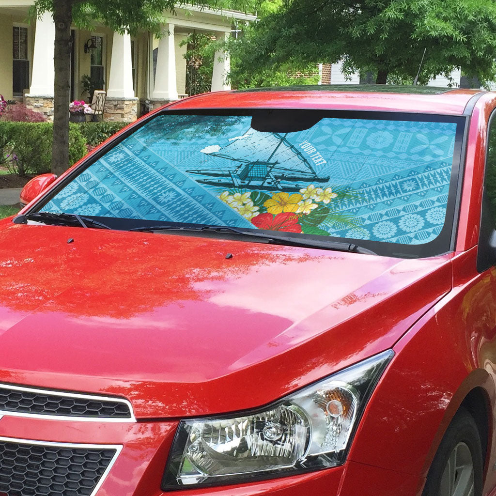 Personalised Bula Vinaka Fiji Drua Auto Sun Shade Fijian Traditional Canoe Tapa Cloth Blue LT14 - Polynesian Pride