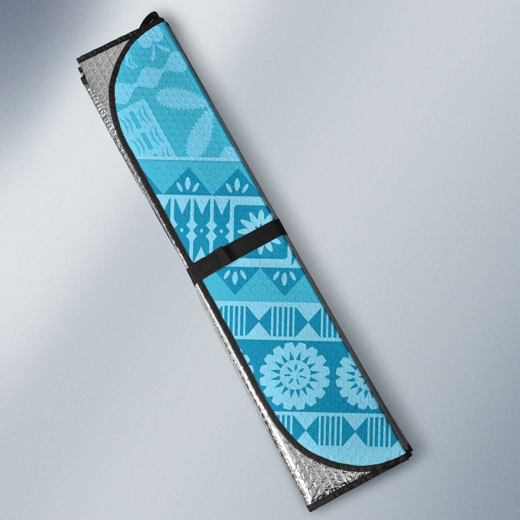Personalised Bula Vinaka Fiji Drua Auto Sun Shade Fijian Traditional Canoe Tapa Cloth Blue LT14 - Polynesian Pride