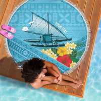 Personalised Bula Vinaka Fiji Drua Beach Blanket Fijian Traditional Canoe Tapa Cloth Blue LT14 - Polynesian Pride