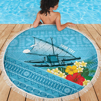 Personalised Bula Vinaka Fiji Drua Beach Blanket Fijian Traditional Canoe Tapa Cloth Blue LT14 - Polynesian Pride