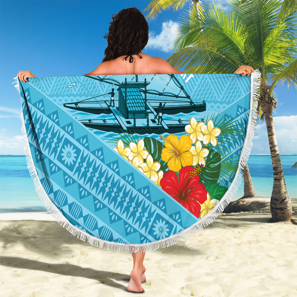 Personalised Bula Vinaka Fiji Drua Beach Blanket Fijian Traditional Canoe Tapa Cloth Blue LT14 - Polynesian Pride