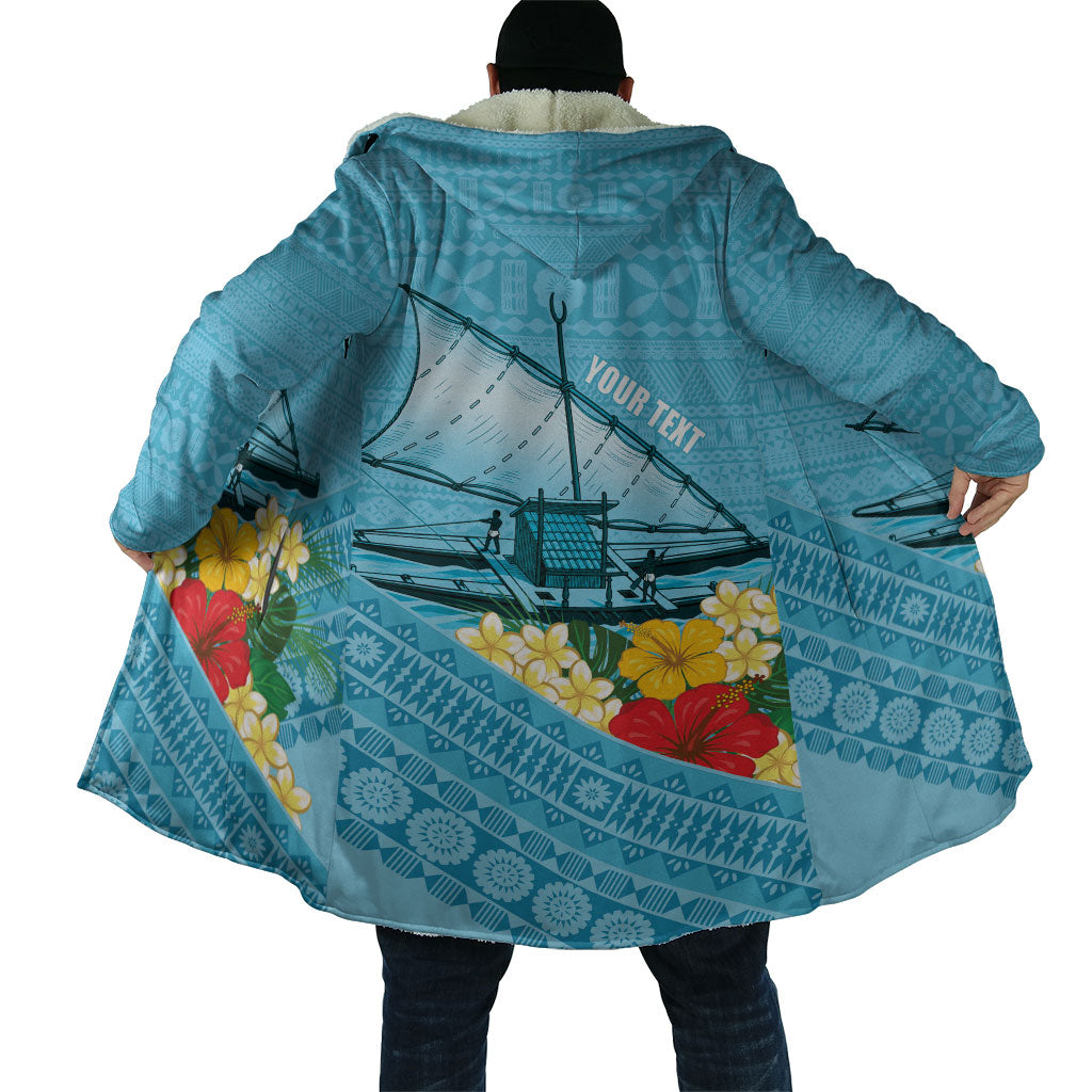 Personalised Bula Vinaka Fiji Drua Cloak Fijian Traditional Canoe Tapa Cloth Blue LT14 - Polynesian Pride
