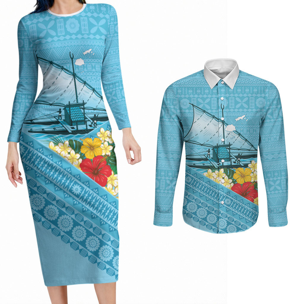 Personalised Bula Vinaka Fiji Drua Couples Matching Long Sleeve Bodycon Dress and Long Sleeve Button Shirt Fijian Traditional Canoe Tapa Cloth Blue LT14 Blue - Polynesian Pride
