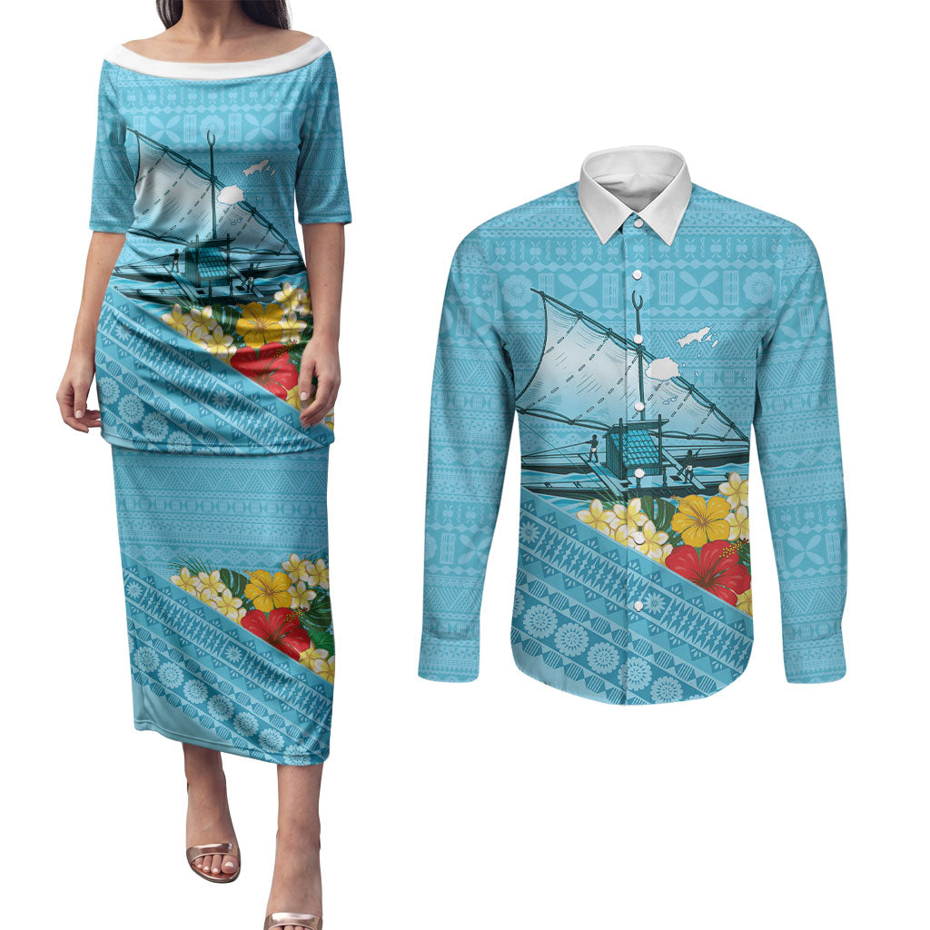Personalised Bula Vinaka Fiji Drua Couples Matching Puletasi and Long Sleeve Button Shirt Fijian Traditional Canoe Tapa Cloth Blue LT14 Blue - Polynesian Pride