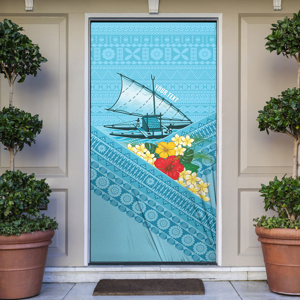 Personalised Bula Vinaka Fiji Drua Door Cover Fijian Traditional Canoe Tapa Cloth Blue LT14 Blue - Polynesian Pride