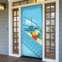 Personalised Bula Vinaka Fiji Drua Door Cover Fijian Traditional Canoe Tapa Cloth Blue LT14 - Polynesian Pride