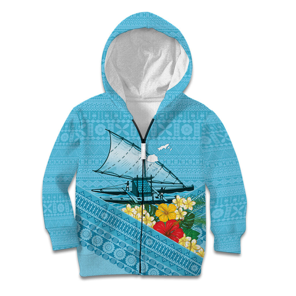 Personalised Bula Vinaka Fiji Drua Kid Hoodie Fijian Traditional Canoe Tapa Cloth Blue LT14 Zip Hoodie Blue - Polynesian Pride