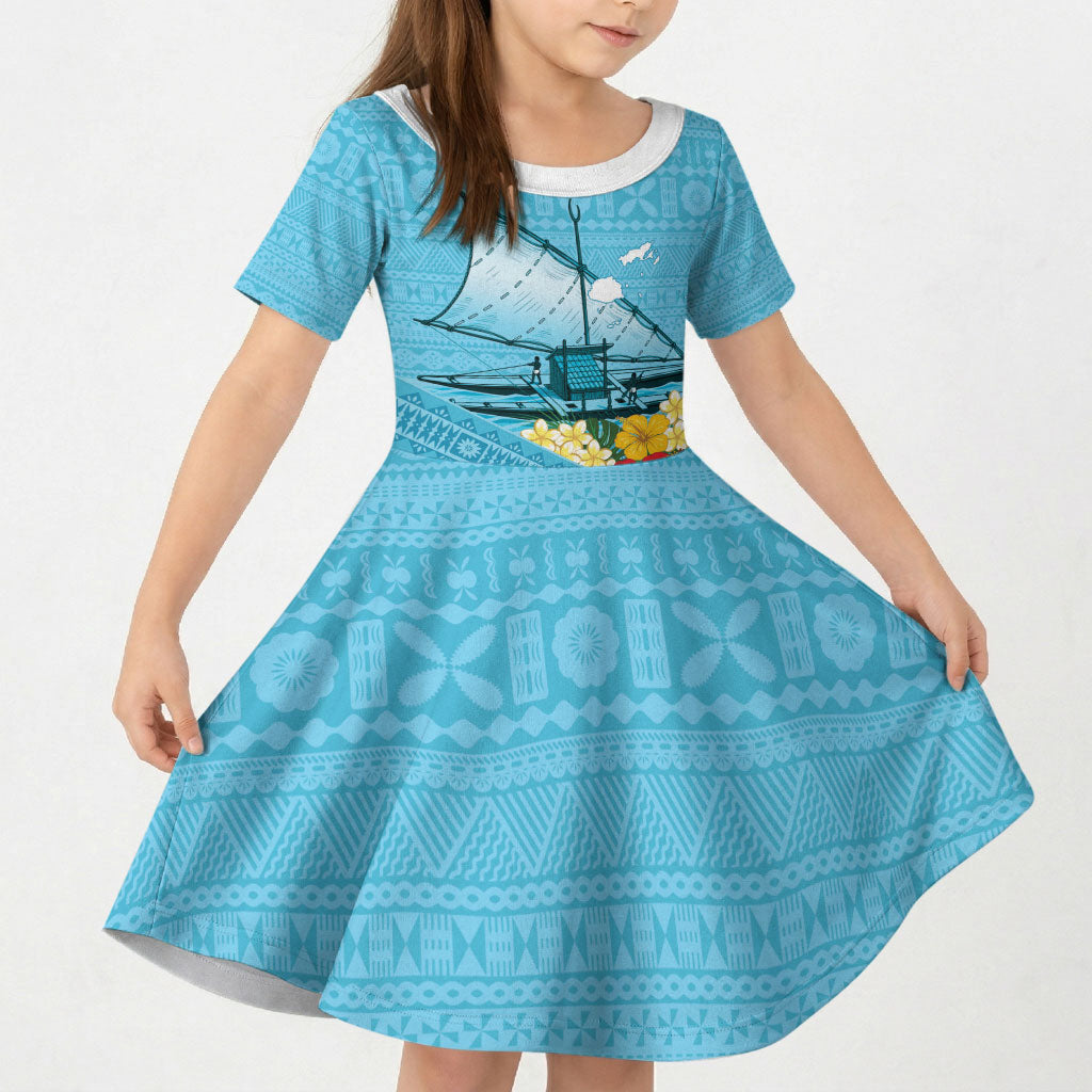 Personalised Bula Vinaka Fiji Drua Kid Short Sleeve Dress Fijian Traditional Canoe Tapa Cloth Blue LT14 KID Blue - Polynesian Pride