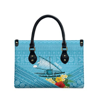 Personalised Bula Vinaka Fiji Drua Leather Bag Fijian Traditional Canoe Tapa Cloth Blue LT14 - Polynesian Pride