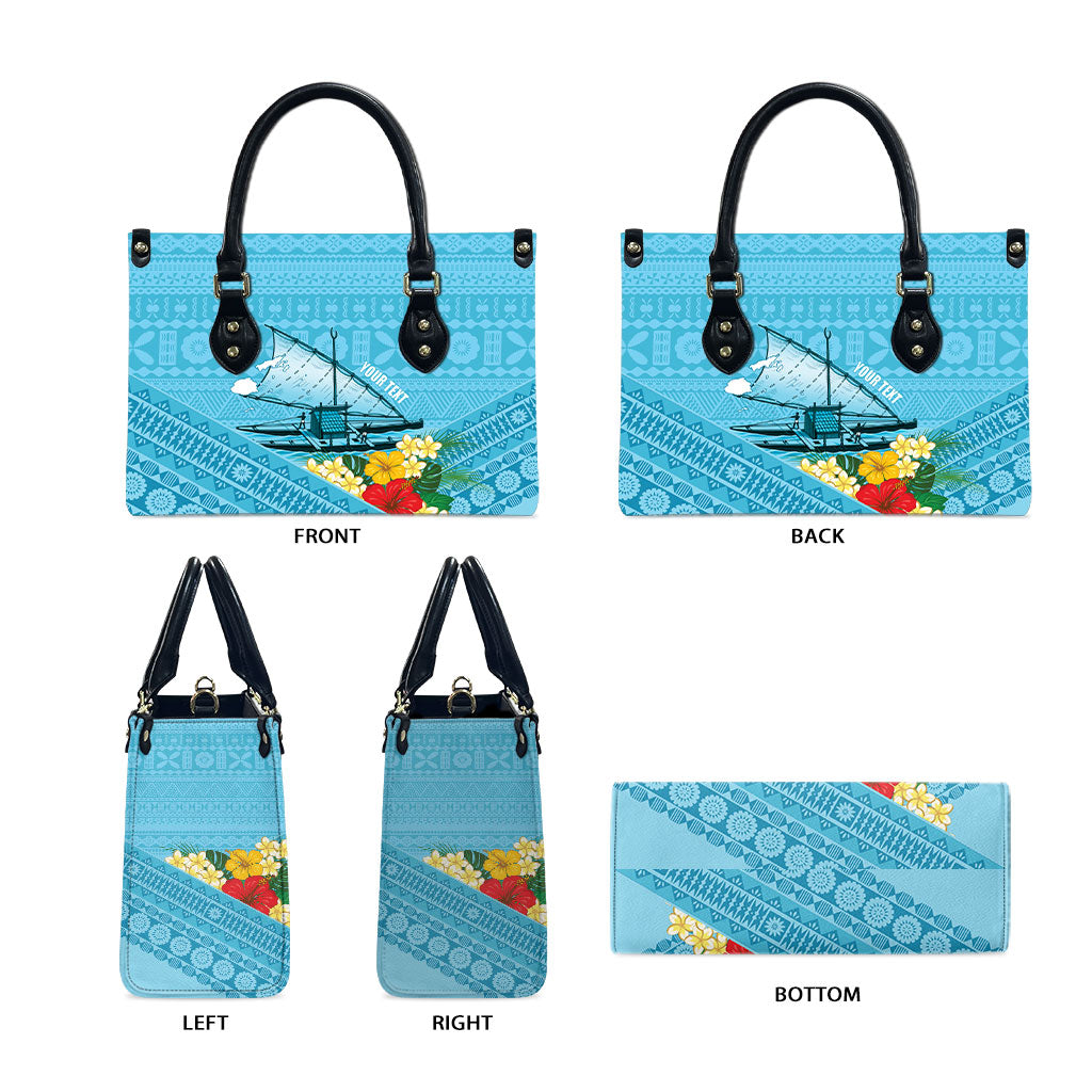 Personalised Bula Vinaka Fiji Drua Leather Bag Fijian Traditional Canoe Tapa Cloth Blue LT14 - Polynesian Pride