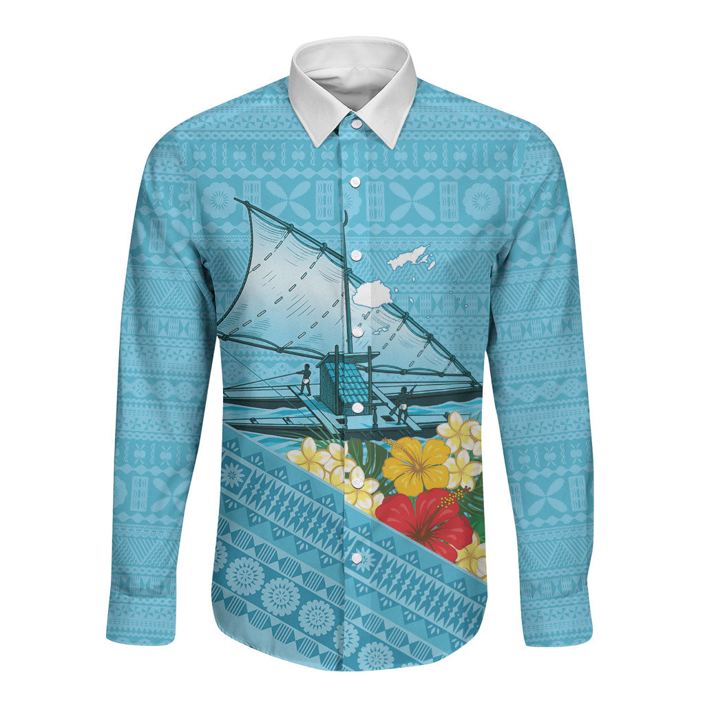 Personalised Bula Vinaka Fiji Drua Long Sleeve Button Shirt Fijian Traditional Canoe Tapa Cloth Blue LT14 Unisex Blue - Polynesian Pride
