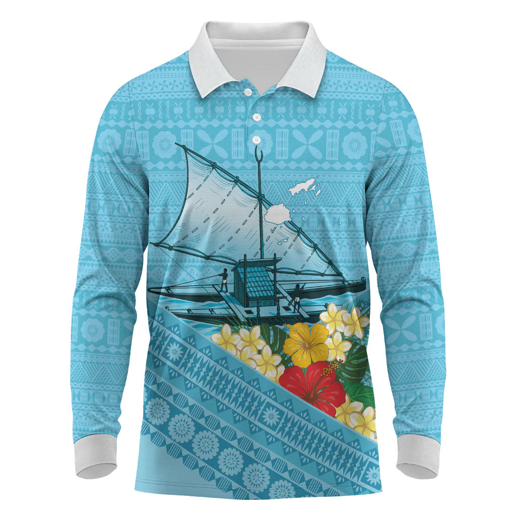 Personalised Bula Vinaka Fiji Drua Long Sleeve Polo Shirt Fijian Traditional Canoe Tapa Cloth Blue LT14 Blue - Polynesian Pride