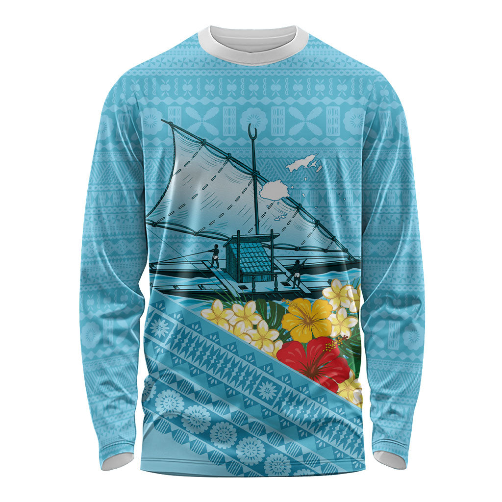 Personalised Bula Vinaka Fiji Drua Long Sleeve Shirt Fijian Traditional Canoe Tapa Cloth Blue LT14 Unisex Blue - Polynesian Pride