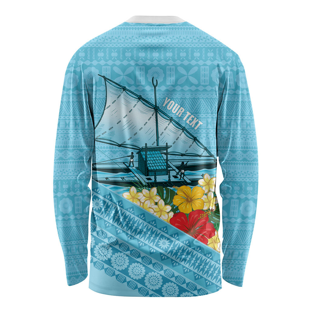 Personalised Bula Vinaka Fiji Drua Long Sleeve Shirt Fijian Traditional Canoe Tapa Cloth Blue LT14 - Polynesian Pride