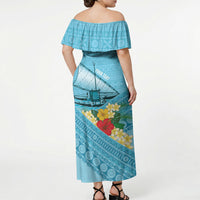 Personalised Bula Vinaka Fiji Drua Off Shoulder Maxi Dress Fijian Traditional Canoe Tapa Cloth Blue LT14 - Polynesian Pride