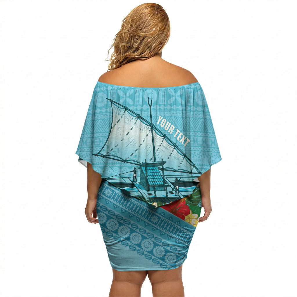 Personalised Bula Vinaka Fiji Drua Off Shoulder Short Dress Fijian Traditional Canoe Tapa Cloth Blue LT14 - Polynesian Pride