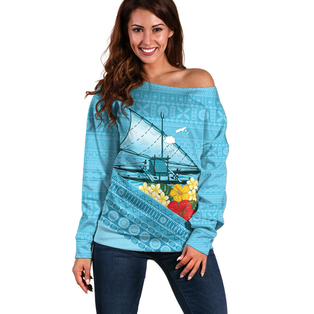 Personalised Bula Vinaka Fiji Drua Off Shoulder Sweater Fijian Traditional Canoe Tapa Cloth Blue LT14 Women Blue - Polynesian Pride