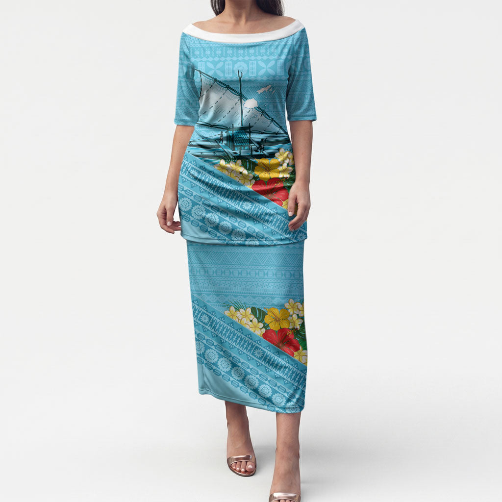 Personalised Bula Vinaka Fiji Drua Puletasi Fijian Traditional Canoe Tapa Cloth Blue LT14 Long Dress Blue - Polynesian Pride