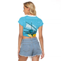 Personalised Bula Vinaka Fiji Drua Raglan Cropped T Shirt Fijian Traditional Canoe Tapa Cloth Blue LT14 - Polynesian Pride