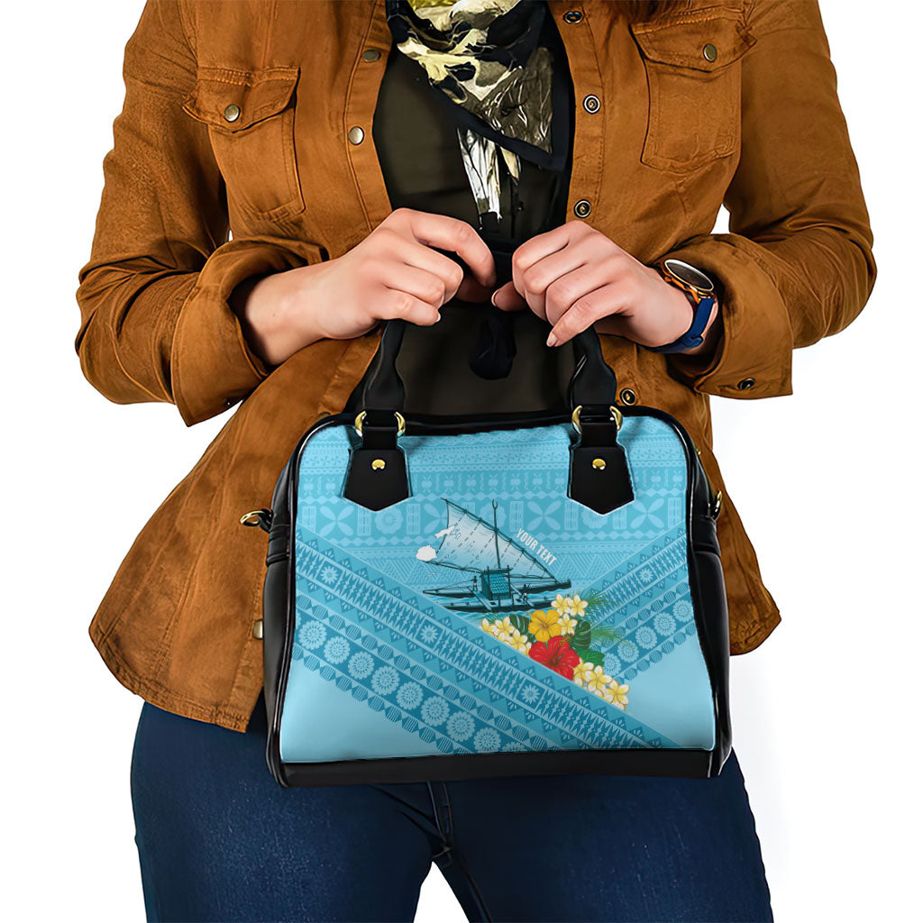 Personalised Bula Vinaka Fiji Drua Shoulder Handbag Fijian Traditional Canoe Tapa Cloth Blue LT14 - Polynesian Pride